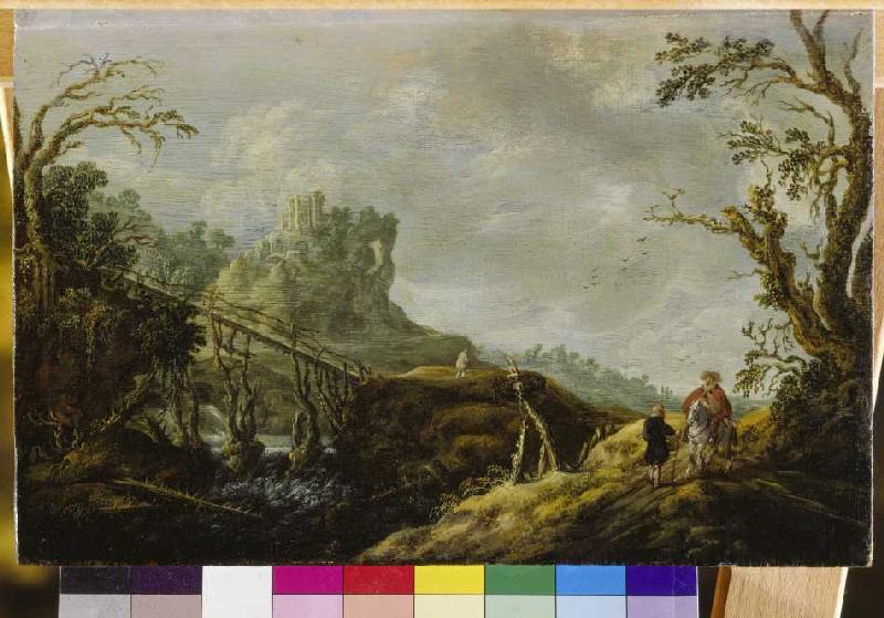 Flusslandschaft mit Holzbrücke und Ruine von Pieter Jansz. van Asch