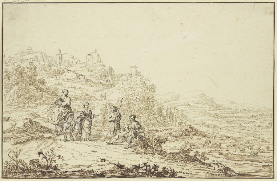 Landschaft mit Hirten und der Flucht nach Ägypten von Pieter Moninckx