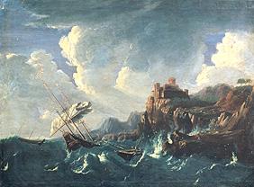Seesturm an einer Felsenküste mit Schiffswrack  1680er Ja