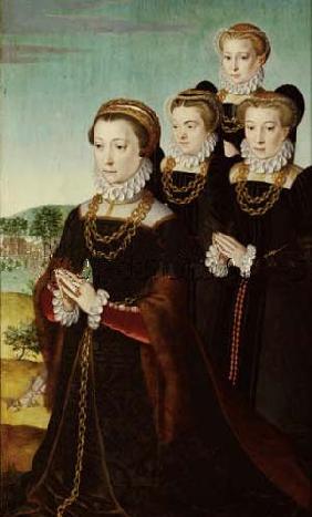 Die Frau des Stifters Anselm Boetius, Johanna Voet, mit drei Töchtern 1573