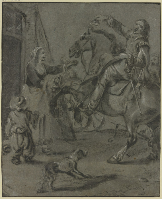 Reiter mit einer Schelle(?) in der Rechten, auf einem sich aufbäumendem Pferd sitzend, vor ihm seine von Pieter van Laer