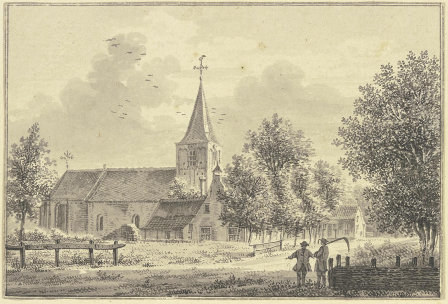 Kirche an der Landstrasse, rechts zwei Männer, der eine trägt eine Sense von Pieter van Liender