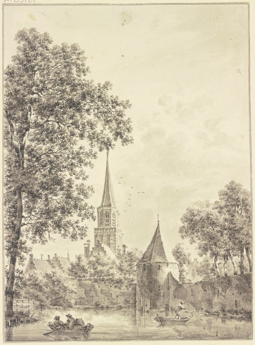 Wassergraben an der Stadtmauer mit einem runden Turm, hinten die Kirche, auf demselben zwei Kähne von Pieter van Liender