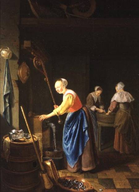 A Kitchen Scene with a Maid Drawing Water from a Well von Pieter van Slingelandt