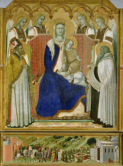 The Carmine Altarpiece, central panel depicting the Virgin and Child with angels, St. Nicholas and t von Pietro Lorenzetti