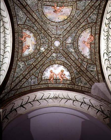 The semicircular ionic portico, detail of the ceiling vault decorated with putti in a garden von Pietro Venale