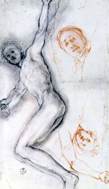 Study of Christ nailed to the cross, the head rehearsed twice (black and red von Jacopo Pontormo, Carucci da