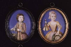 Portrait Miniatures. L to R and T to B: Richard Whitmore by Bernard Lens (1682-1740); Katherine Whit