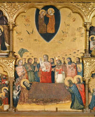 Polyptych of the Dormition of the Virgin, detail of the Dormition and Coronation (tempera on panel) von Pseudo Jacopino  di Francesco