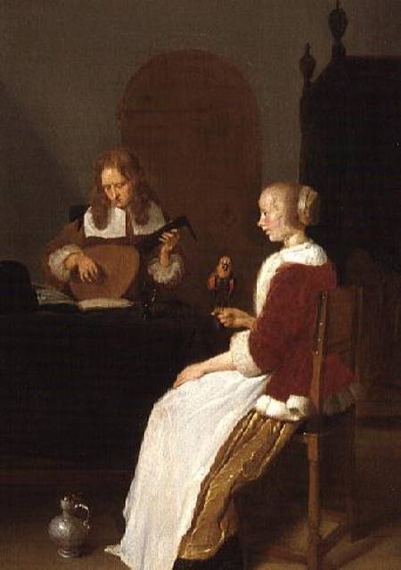 An interior with a lute player and a woman holding a parrot von Quiringh Gerritsz. van Brekelenkam