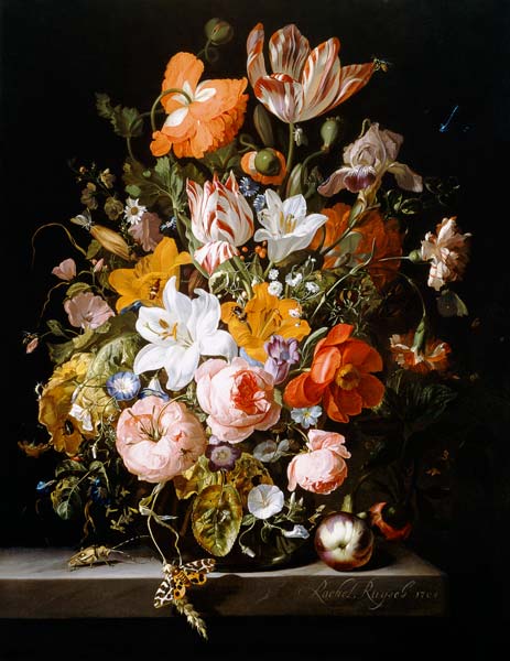 Stillleben mit Rosen, Lilien, Tulpen und anderen Blumen in einer Glasvase von Rachel Ruysch