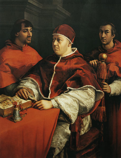 Porträt Leos X. mit den Kardinälen Giulio de` Medici und Luigi de` Rossi von Raffael - Raffaello Santi