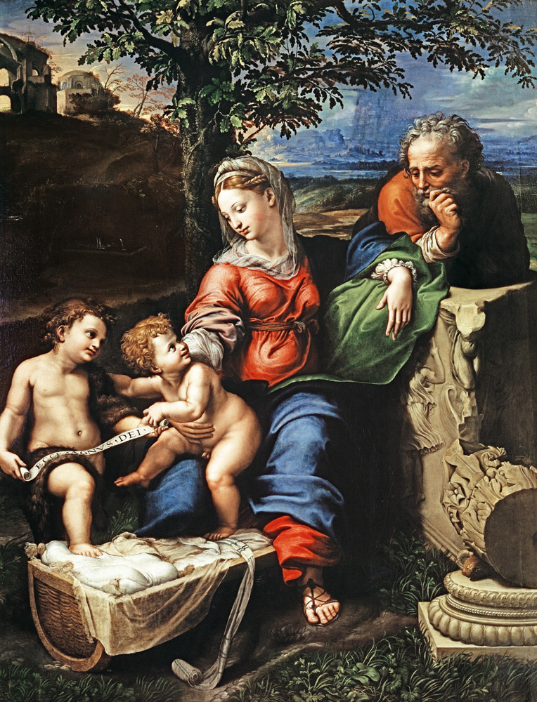 Hl. Familie mit hl. Johannes (von Raffael + Giulio Romano) von Raffael - Raffaello Santi
