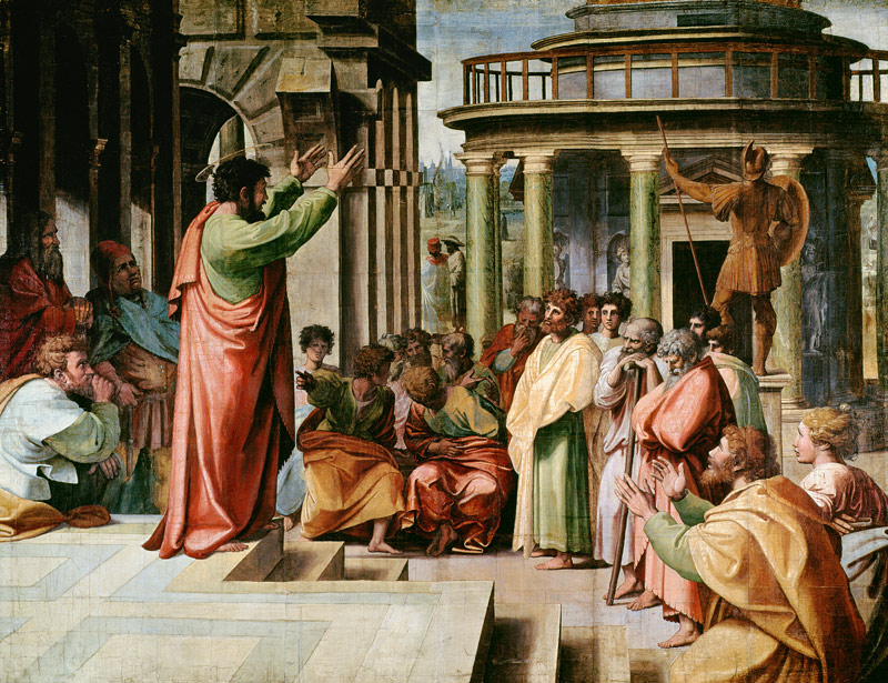 St. Paul Preaching at Athens (cartoon for the Sistine Chapel) (PRE RESTORATION) von Raffael - Raffaello Santi