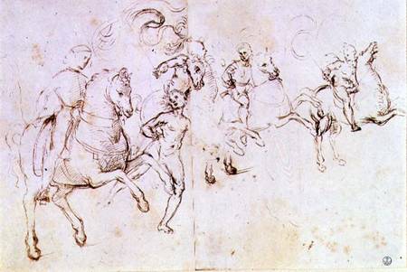 Study of four horsemen and a male nude for a 'Sacre Conversazione' (pen & ink) von Raffael - Raffaello Santi
