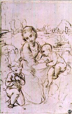 Study of a Madonna and Child with the infant St. John the Baptist (pen & ink) 17th