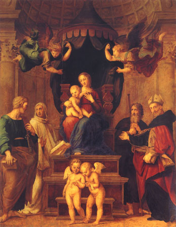 Thronende Madonna mit Kind, vier Heiligen und vier Engeln von Raffael - Raffaello Santi