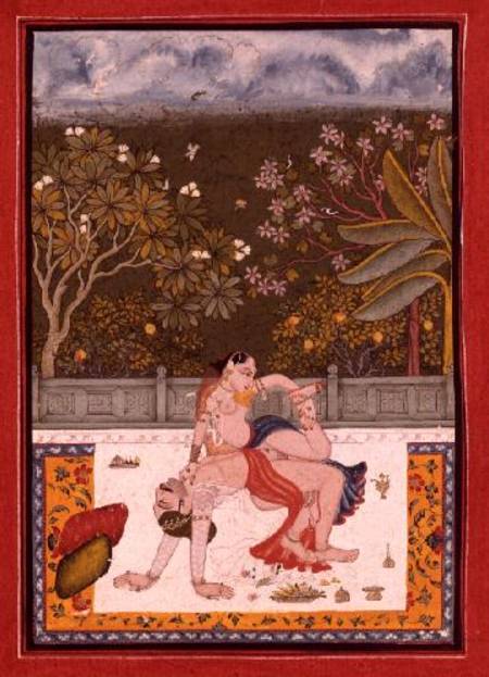 A prince and a lady in a combination of two canonical erotic positions listed in the `Kama Sutra', B von Rajput School