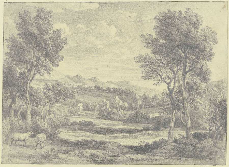 Baumreiche Landschaft mit zwei Schafen im Vordergrund von Ramsay Richard Reinagle