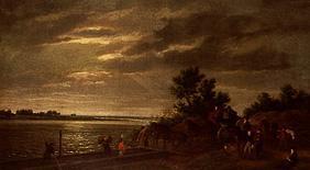 Eine Kutsche setzt bei Mondschein über den Fluß Leck in Holland 1795
