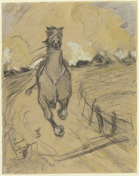 Gesatteltes reiterloses Pferd auf der Flucht, im Hintergrund ein brennendes Dorf von Reinhard Pfaehler von Othegraven