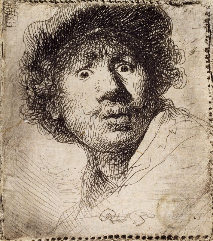 Selbstbildnis mit Mütze, aufgerissenen Augen und geöffneten Mund von Rembrandt van Rijn