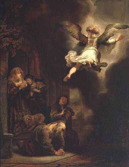 The Archangel Raphael Taking Leave of the Tobit Family von Rembrandt van Rijn