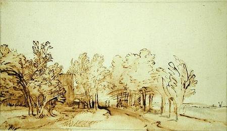 Avenue with a footpath and a farmhouse on the left von Rembrandt van Rijn