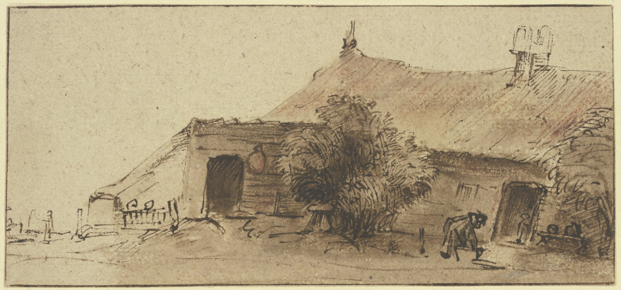 Bauernhaus, davor ein Baum und eine sich bückende Figur von Rembrandt van Rijn