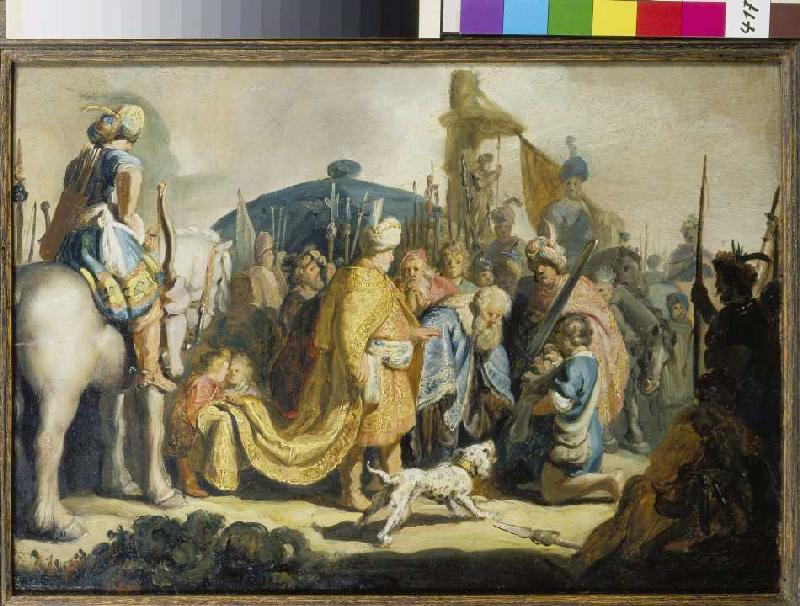 David übergibt König Saul das Haupt Goliaths. von Rembrandt van Rijn
