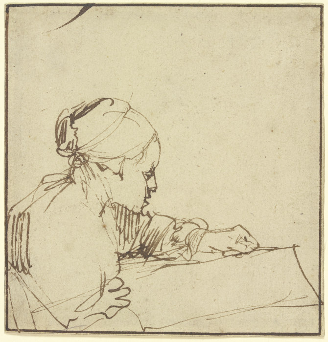 Halbfigur einer im Profil nach rechts sitzenden jungen Frau, die in einem Buch liest von Rembrandt van Rijn