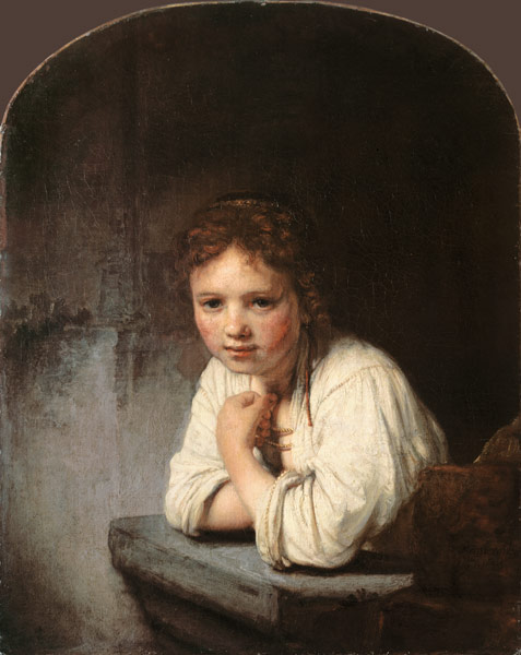 Junges Mädchen, sich auf eine Fensterbrüstung lehnend von Rembrandt van Rijn