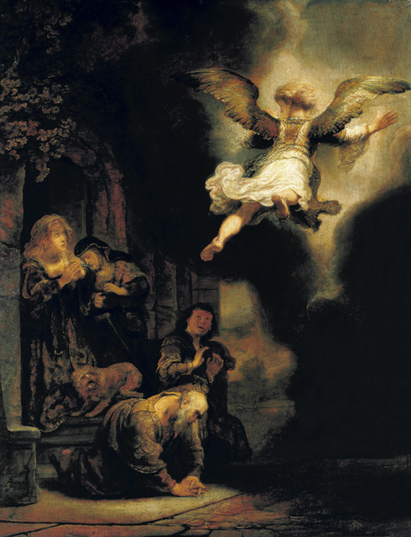 Der Erzengel Raphael verlässt die Familie des Tobias. von Rembrandt van Rijn