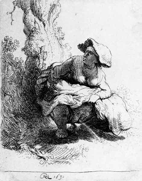 Frau uriniert an einen Baum 1631