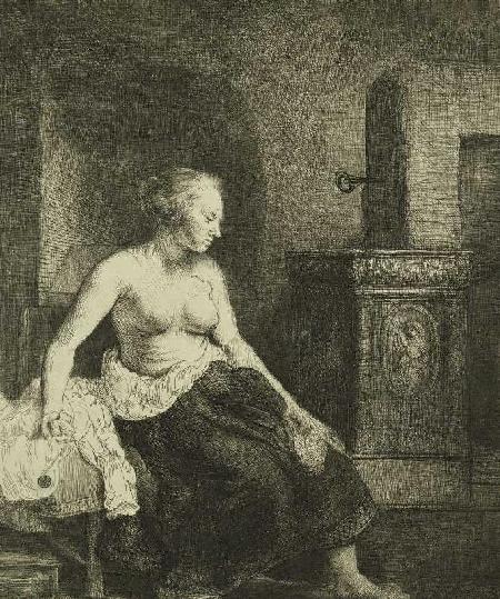 Sitzende Frau an einem Ofen 1658