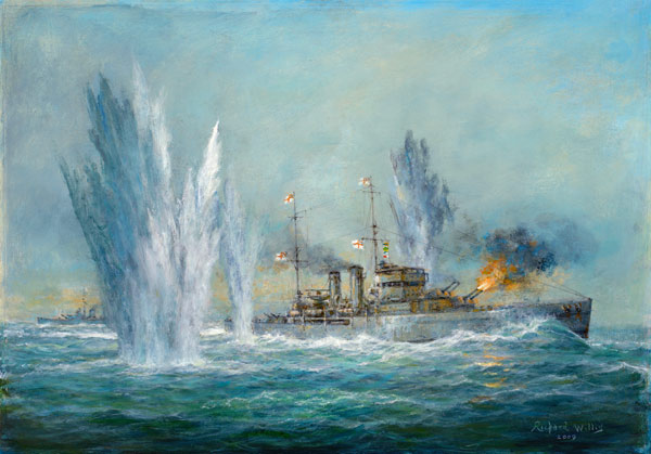 HMS Exeter engaging in the Graf Spree at the Battle of the River Plate von Richard  Willis
