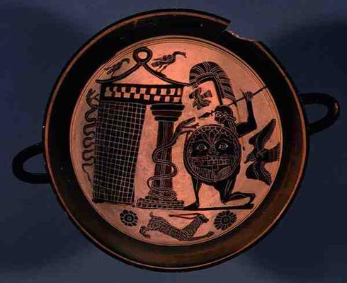 Laconian black-figure cup depicting a warrior attacking a snake, 6th century BC (pottery) von Rider Painter