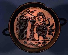 Laconian black-figure cup depicting a warrior attacking a snake, 6th century BC (pottery) 16th