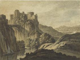 Flusslandschaft mit einem Schloss auf der Klippe 1780