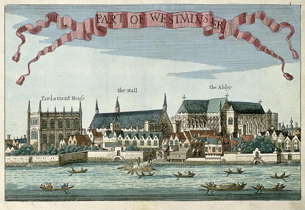 Westminster showing the Abbey, Hall and Parliament House, from ''A Book of the Prospects of the Rema von Robert Morden