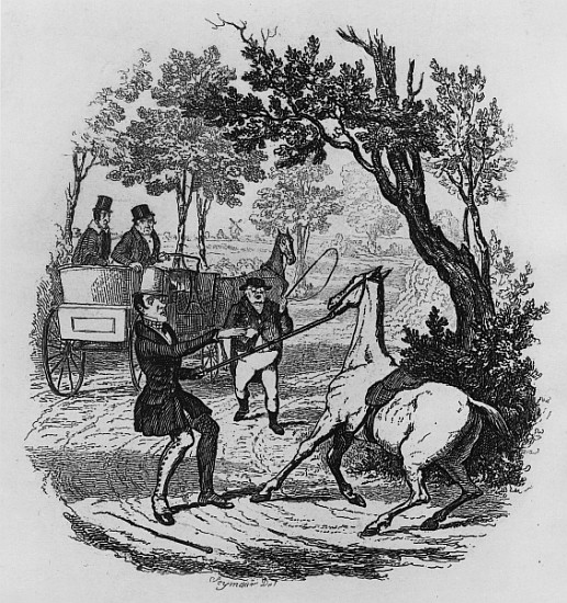 Mr. Winkle and Mr. Pickwick trying to control their horse, illustration from ''The Pickwick Papers'' von Robert Seymour