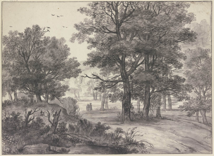 Waldpartie, auf dem Weg zwei Figuren, links oben mehrere Raben von Roelant Roghman