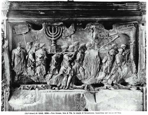 The Arch of Titus, detail of the Temple treasures being carried after the Sack of Jerusalem in 70 AD von Roman