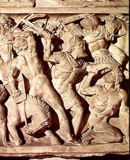 Detail of a sarcophagus depicting a battle between Romans and Galatians von Roman