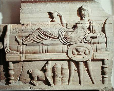 Detail from a sarcophagus depicting a woman reclining on a bench von Roman