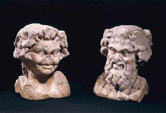 Head of Bacchus and a satyr from a hermatic pillar von Roman