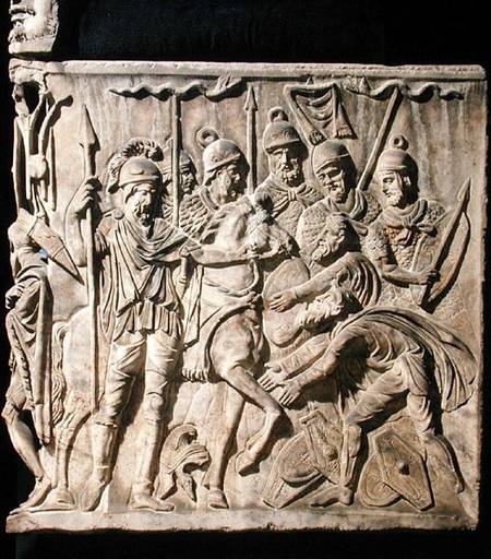 Relief from a sarcophagus depicting the submission of a barbarian to a Roman troop von Roman