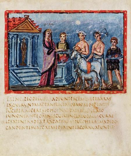 Lat 3225 f.33v Dido making a sacrifice, from The Vergilius Vaticanus