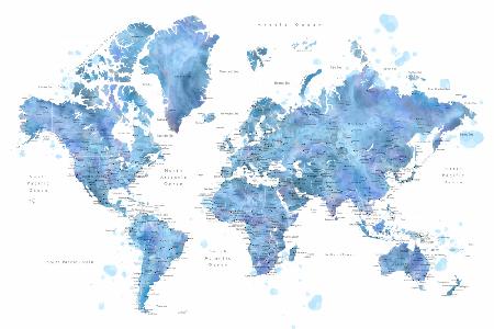 Blaue Aquarell-Weltkarte mit Städten,Simeon