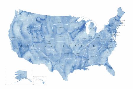Blaue Aquarellkarte der USA mit Bundesstaaten und Landeshauptstädten